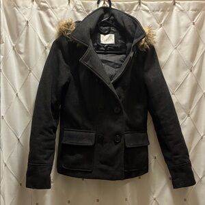 Delia’s Charcoal Grey Pea Coat with Faux Fur Trim